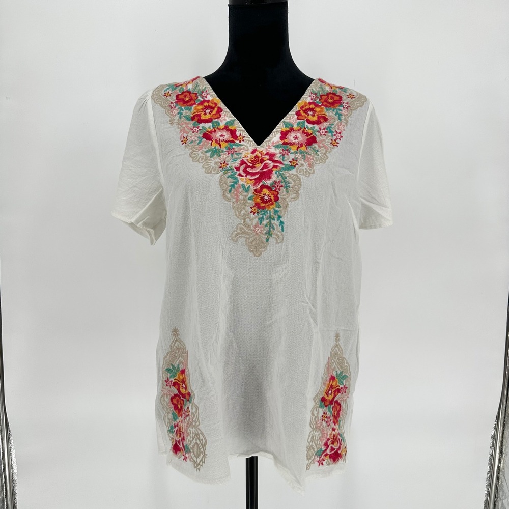 Savanna Jane‎ White Red Floral Embroidery V Neck Short Sleeve Blouse Top  Medium